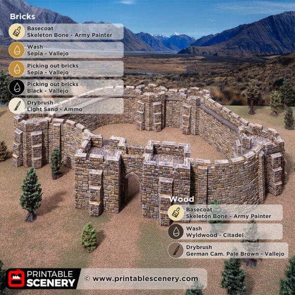 3D printed and painted Castle battlements for tabletop rpgs and wargames, with a painting guide overlay