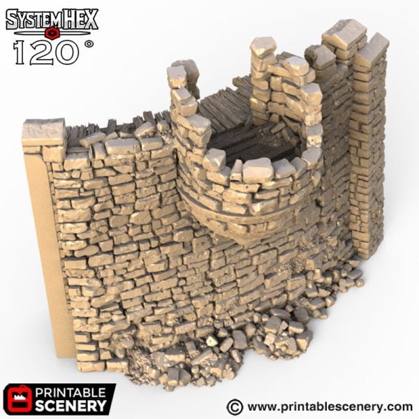 HEX Castle Ruined Wall Turrets STL