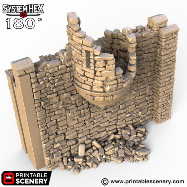 HEX Castle Ruined Wall Turrets STL