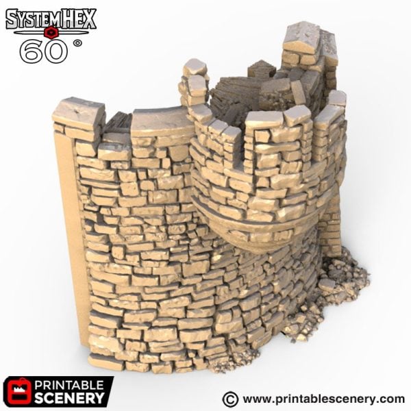 HEX Castle Ruined Wall Turrets STL