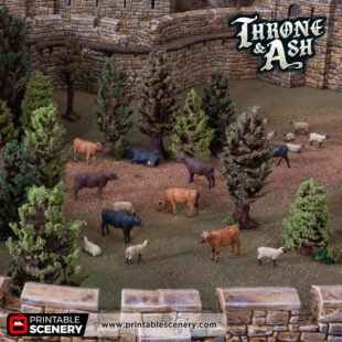 Photo of a 3D printed and painted Throne & Ash castle full of trees and farm animals