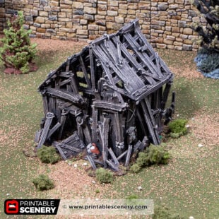 3d printed and painted Ruined Ash's cottage model for dnd and wargaming