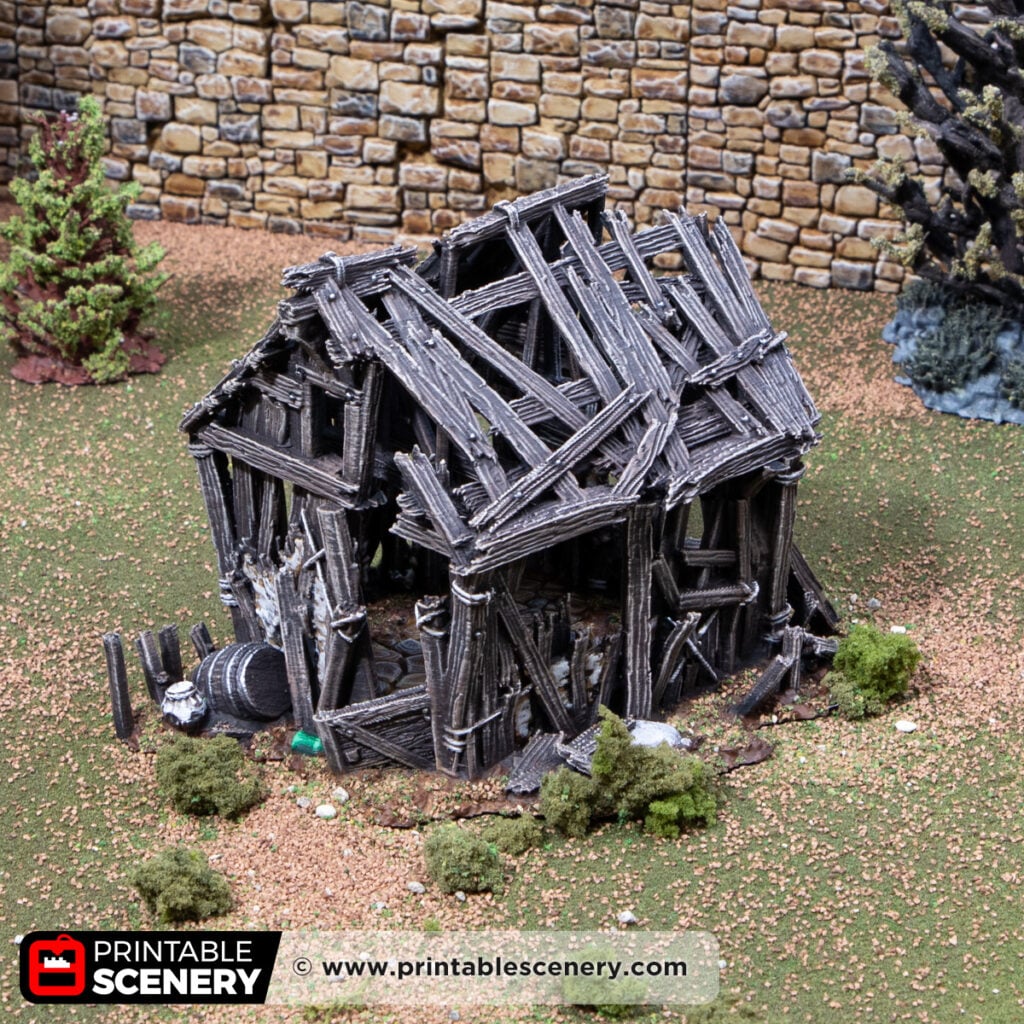 3d printed and painted Ruined Ash's cottage model for dnd and wargaming