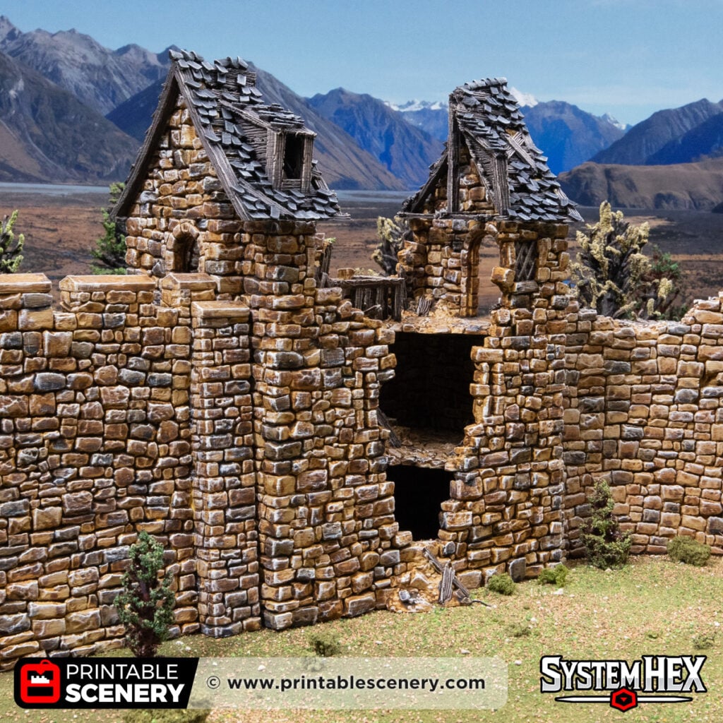 3d printed and painted ruined Banquet Hall from Throne & Ash, for dnd and wargaming