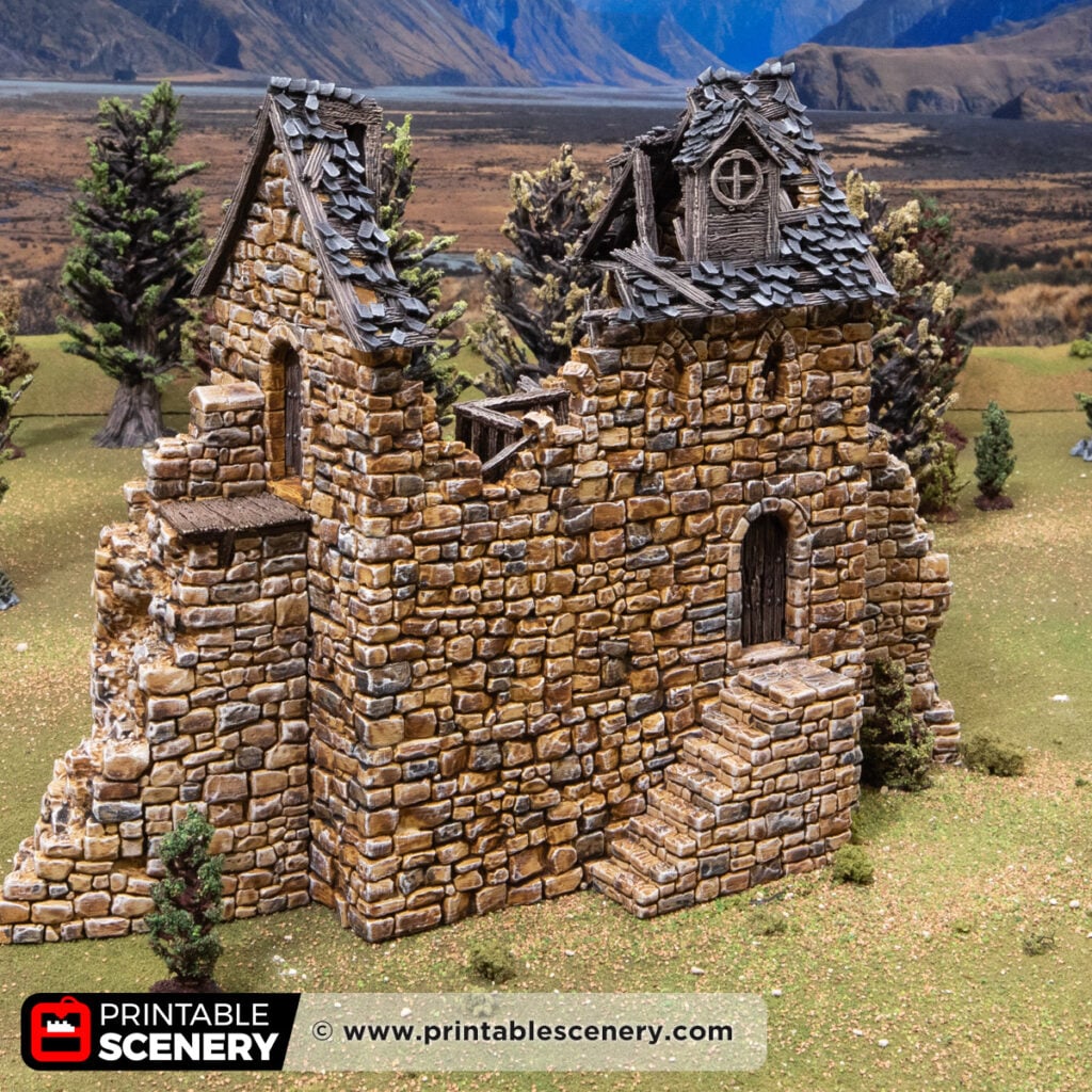 3d printed and painted ruined Banquet Hall from Throne & Ash, for dnd and wargaming