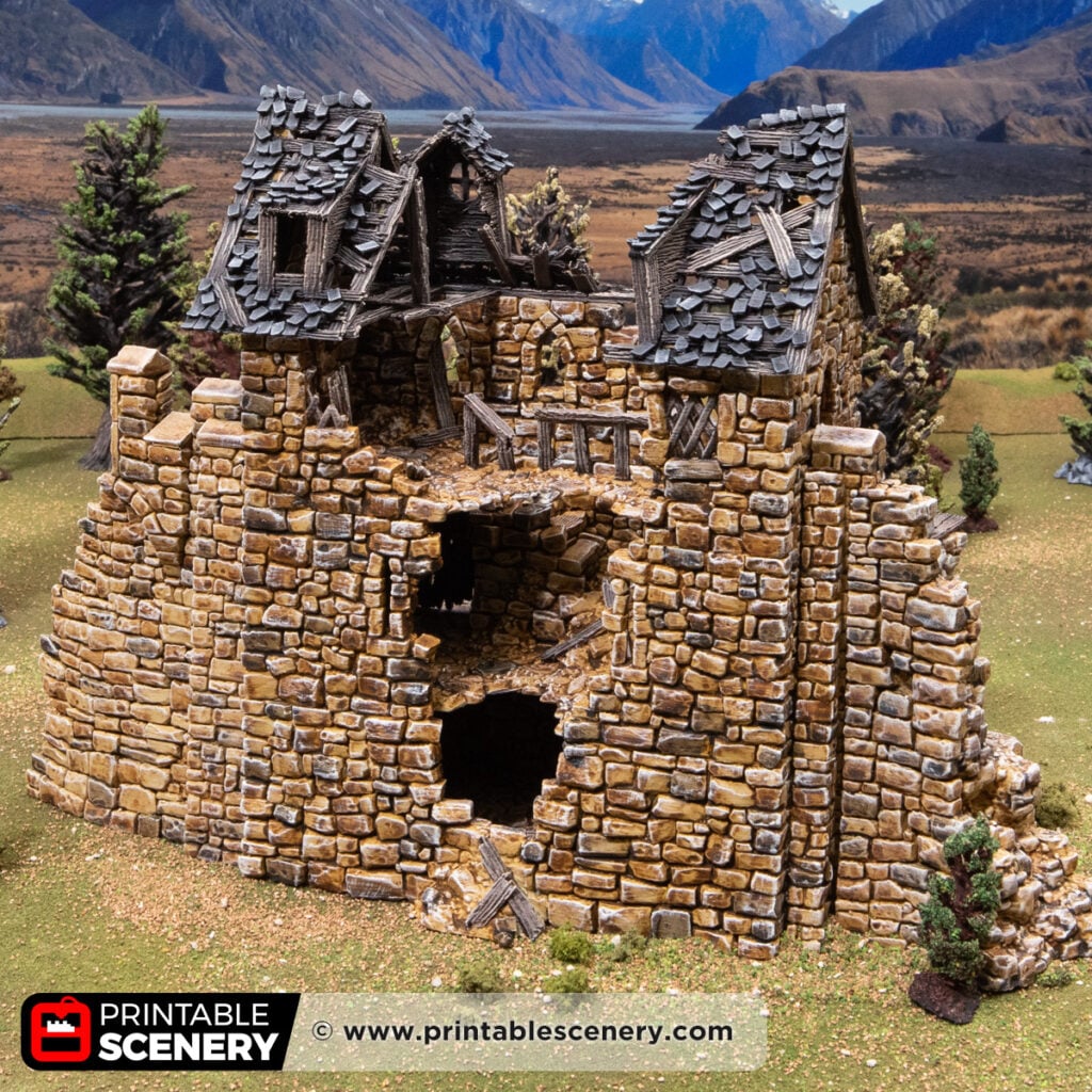 3d printed and painted ruined Banquet Hall from Throne & Ash, for dnd and wargaming