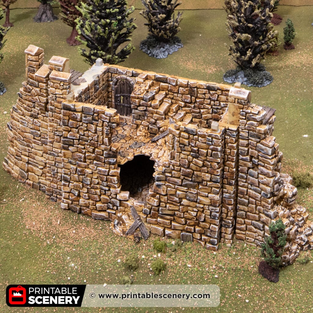 3d printed and painted ruined Banquet Hall from Throne & Ash, for dnd and wargaming