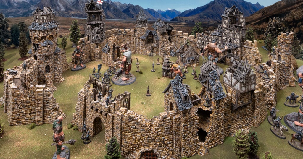 3d printed and painted ruined Banquet Hall from Throne & Ash, for dnd and wargaming