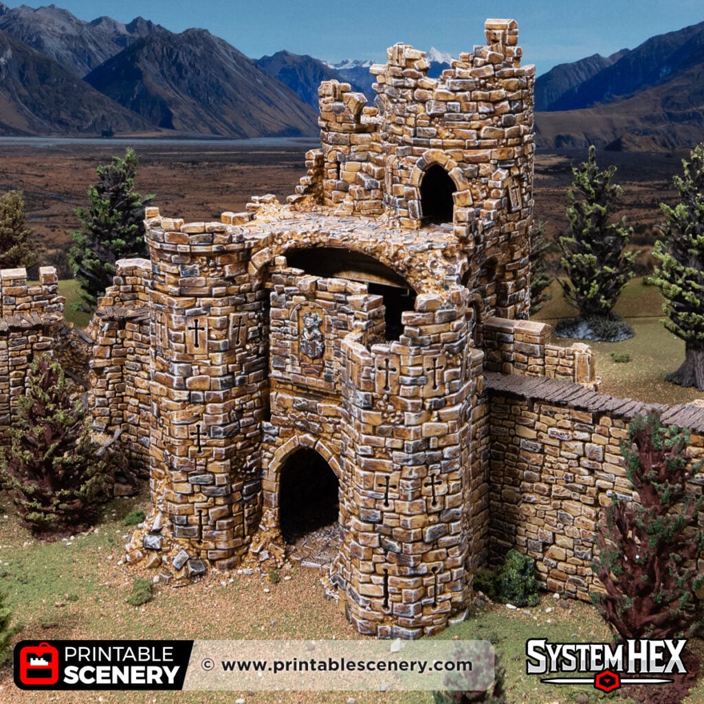 3D printed and painted Ruined Barbican model for dnd and tabletop wargames