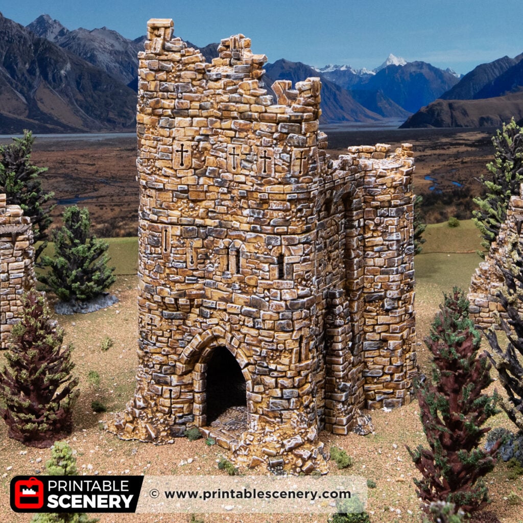 3D printed and painted Ruined Barbican model for dnd and tabletop wargames