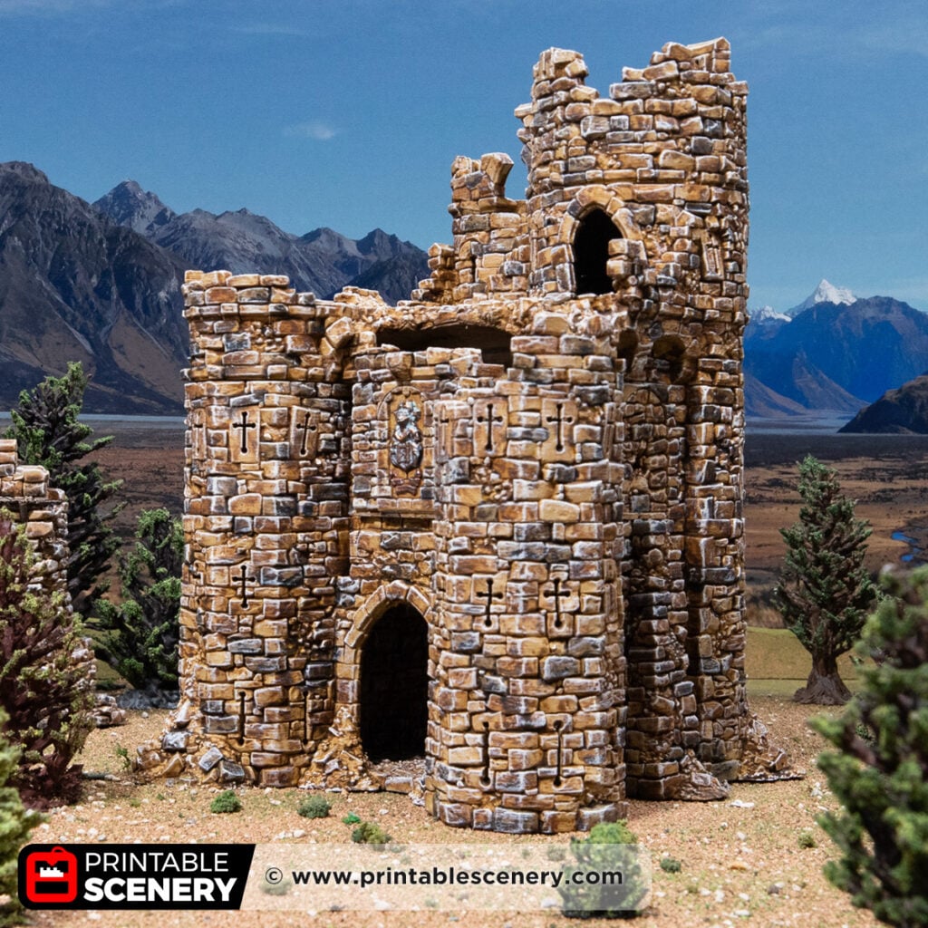 3D printed and painted Ruined Barbican model for dnd and tabletop wargames