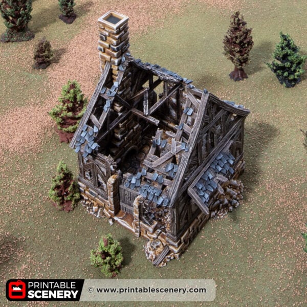 3d printed and painted ruined bellas cottage for dnd and wargames