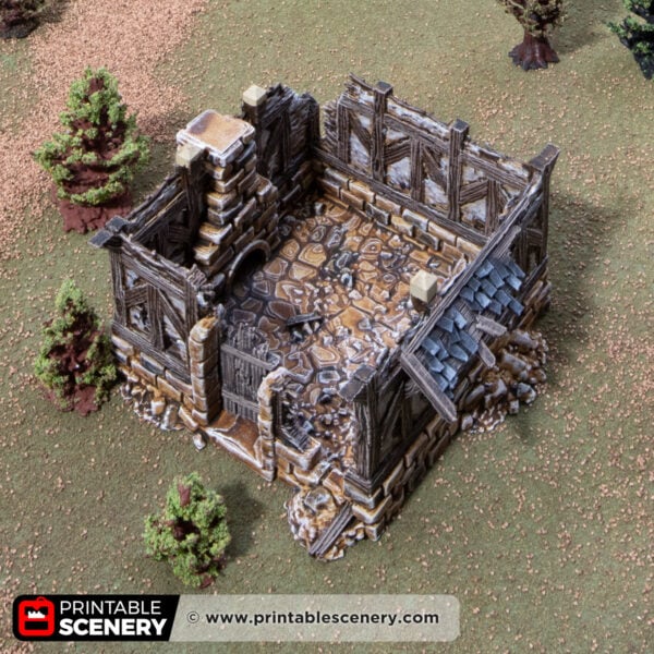 3d printed and painted ruined bellas cottage for dnd and wargames