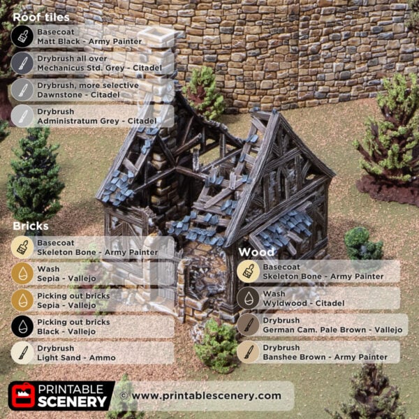 3d printed and painted ruined bellas cottage for dnd and wargames with a paint guide overlay