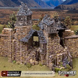 3d printed and painted ruined Fort Bruce from Throne & Ash, for dnd and wargaming