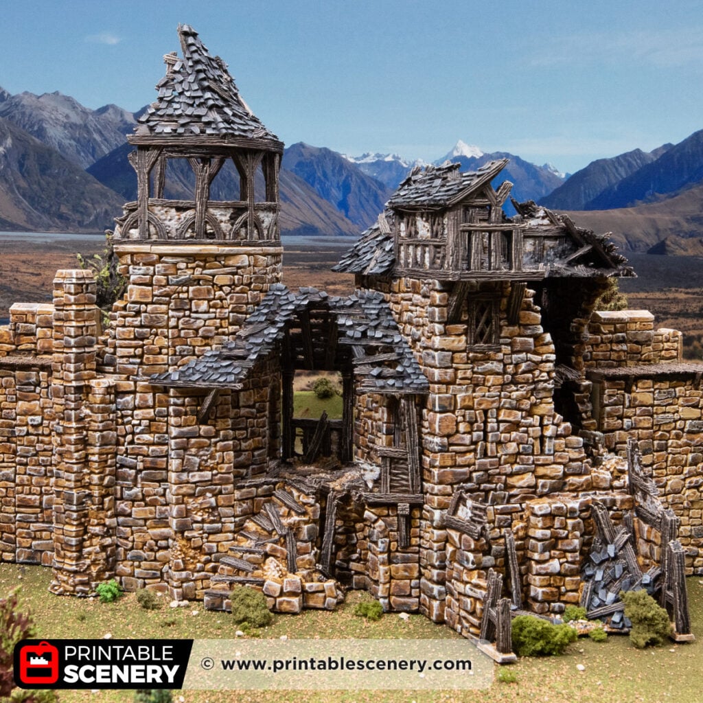 3d printed and painted ruined Fort Bruce from Throne & Ash, for dnd and wargaming