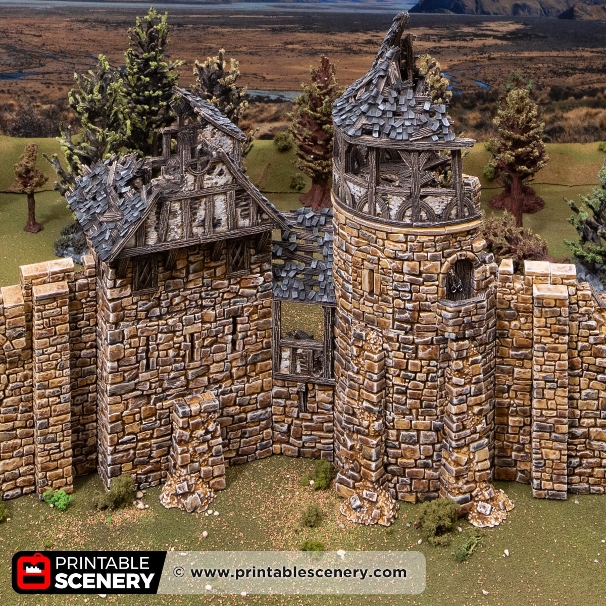 3d printed and painted ruined Fort Bruce from Throne & Ash, for dnd and wargaming