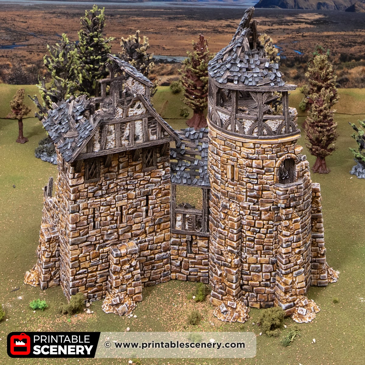3d printed and painted ruined Fort Bruce from Throne & Ash, for dnd and wargaming