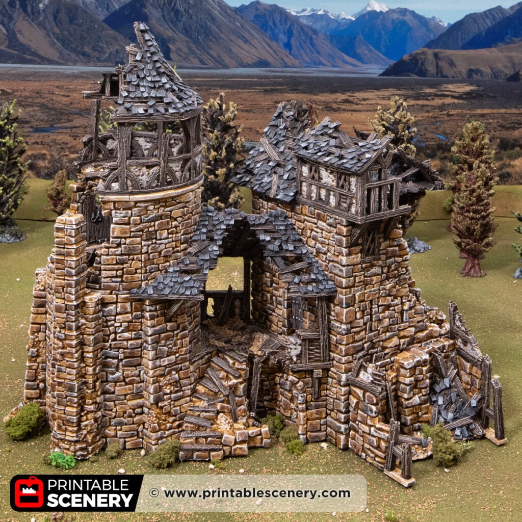 3d printed and painted ruined Fort Bruce from Throne & Ash, for dnd and wargaming