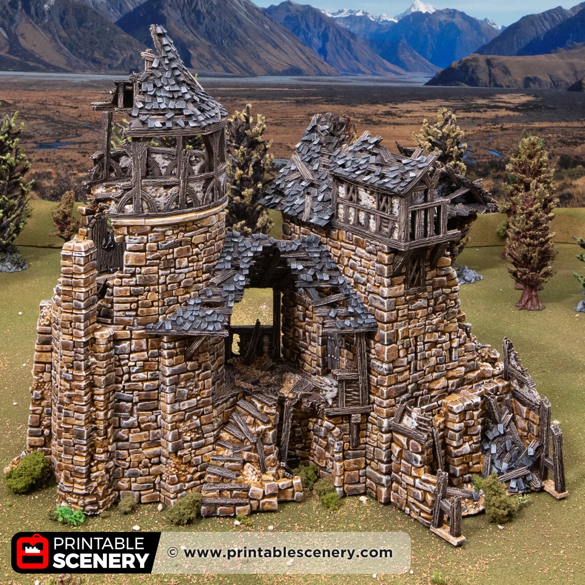 3d printed and painted ruined Fort Bruce from Throne & Ash, for dnd and wargaming