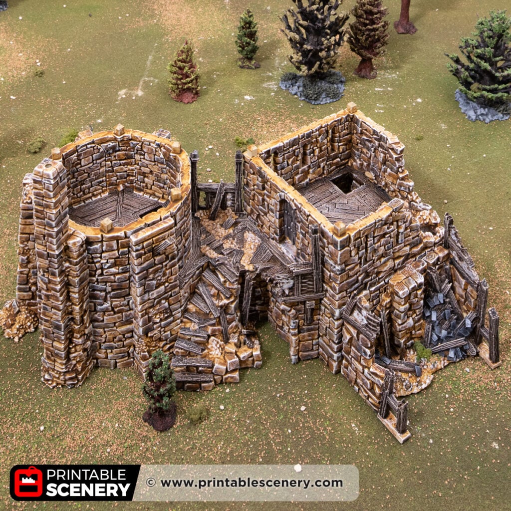 3d printed and painted ruined Fort Bruce from Throne & Ash, for dnd and wargaming