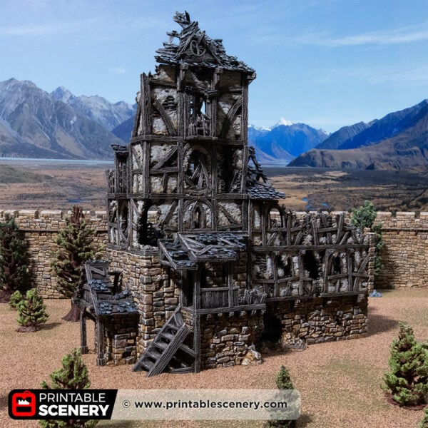 3D printed and painted wattle and daub living quarters building in ruins, used for tabletop rpgs and wargames
