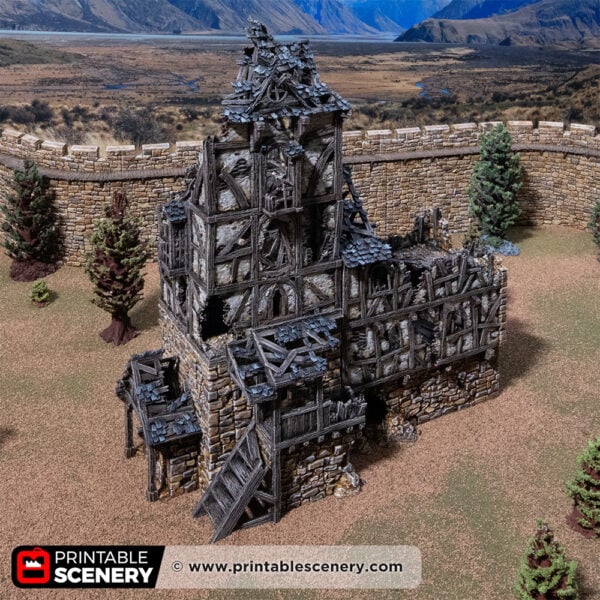 3D printed and painted wattle and daub living quarters building in ruins, used for tabletop rpgs and wargames