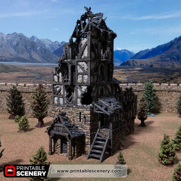 3D printed and painted wattle and daub living quarters building in ruins, used for tabletop rpgs and wargames