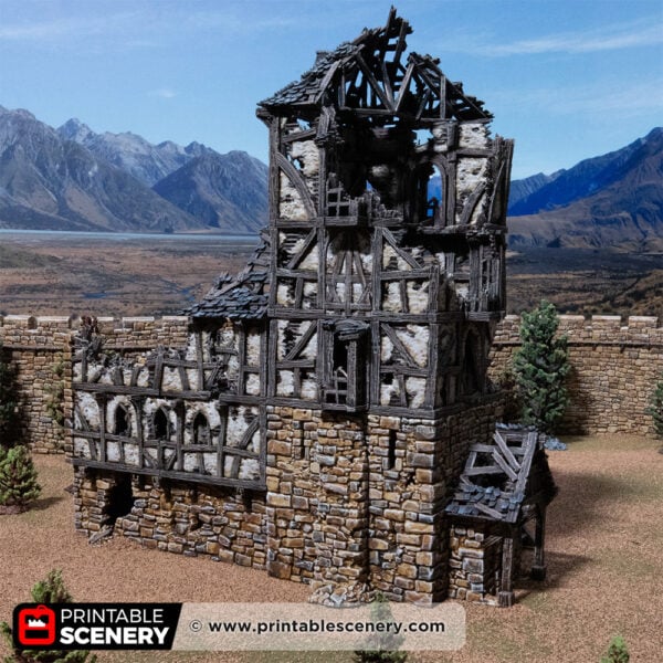 3D printed and painted wattle and daub living quarters building in ruins, used for tabletop rpgs and wargames
