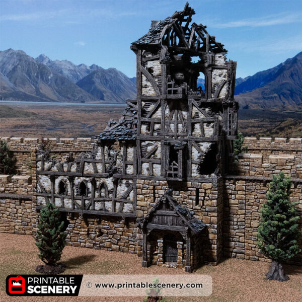 3D printed and painted wattle and daub living quarters building in ruins, used for tabletop rpgs and wargames