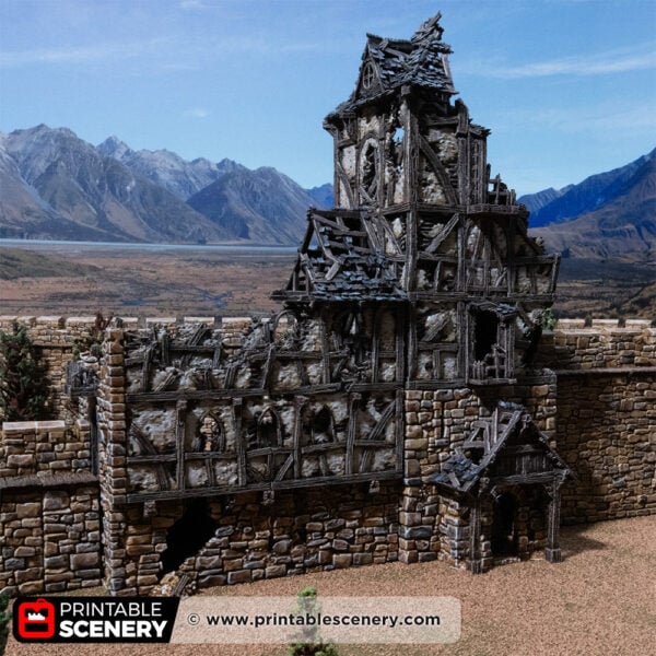 3D printed and painted wattle and daub living quarters building in ruins, used for tabletop rpgs and wargames