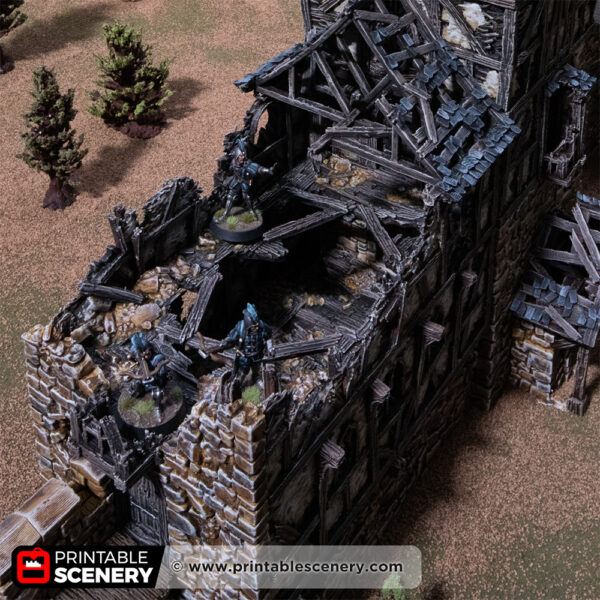 3D printed and painted wattle and daub living quarters building in ruins, used for tabletop rpgs and wargames