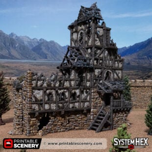 3D printed and painted wattle and daub living quarters building in ruins, used for tabletop rpgs and wargames