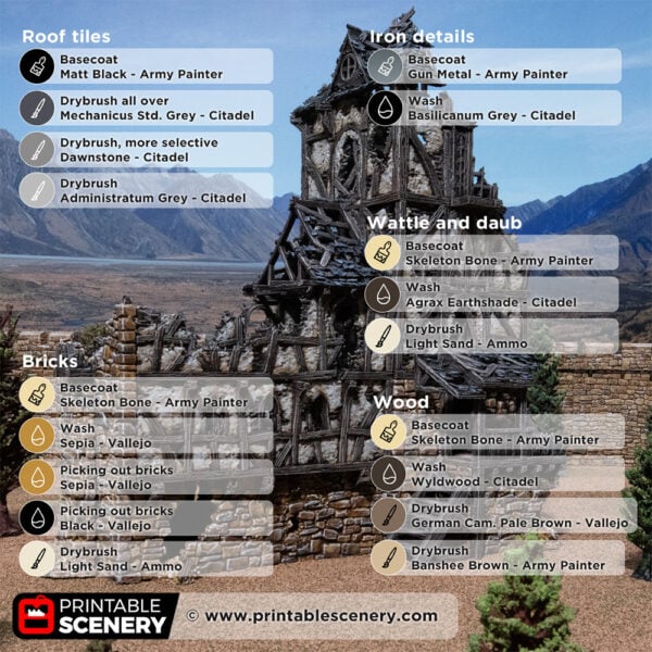 3D printed and painted wattle and daub living quarters building in ruins, used for tabletop rpgs and wargames, with a painting guide overlay