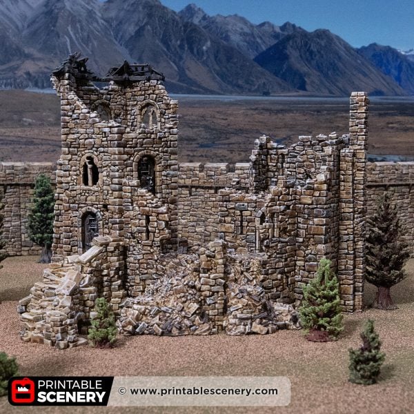 Front view of the Ruined Queen's Quarters 3D printed model against a mountain backdrop