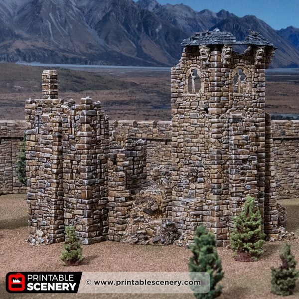 Rear view of the Ruined Queen's Quarters 3D printed model against a mountain backdrop