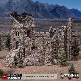 Ruined Queen's Quarters 3D printed model against a mountain backdrop
