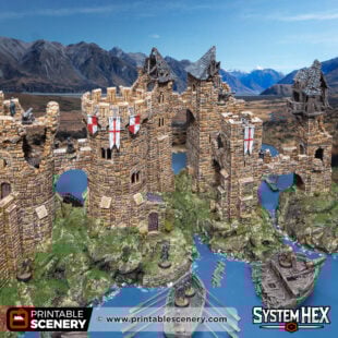 3d printed and painted ruined tower bridges for dnd and wargaming