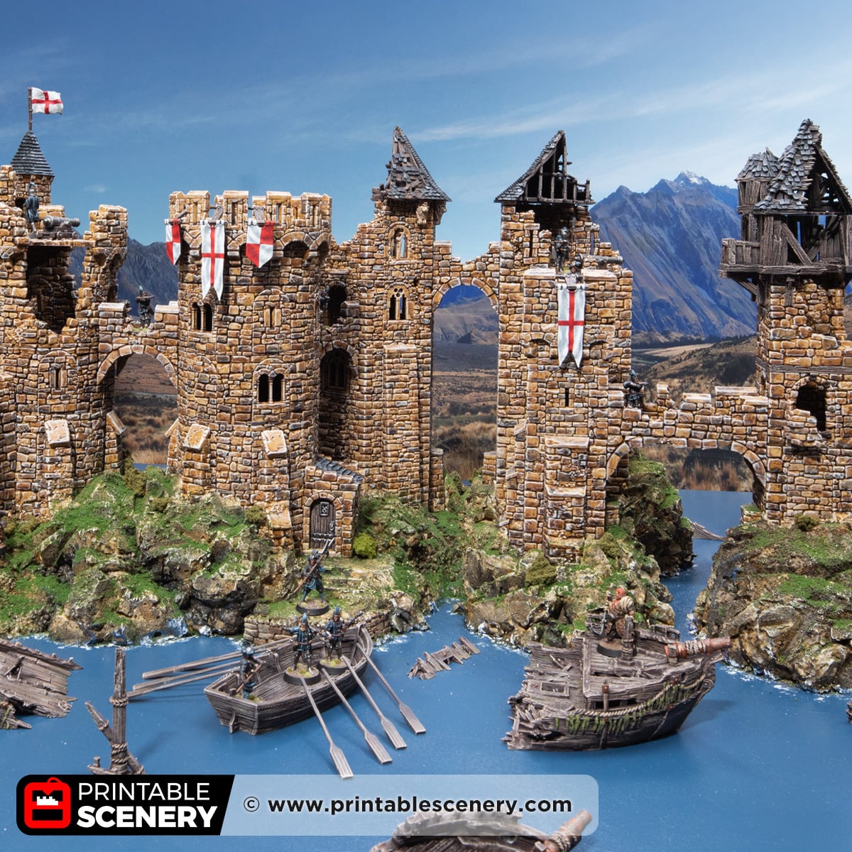 3d printed and painted ruined tower bridges for dnd and wargaming