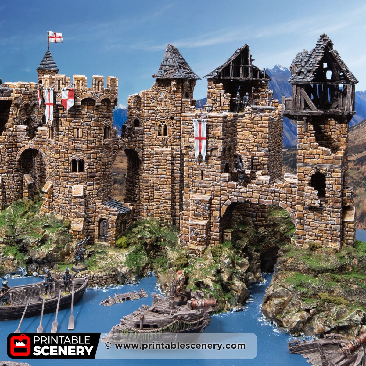 3d printed and painted ruined tower bridges for dnd and wargaming