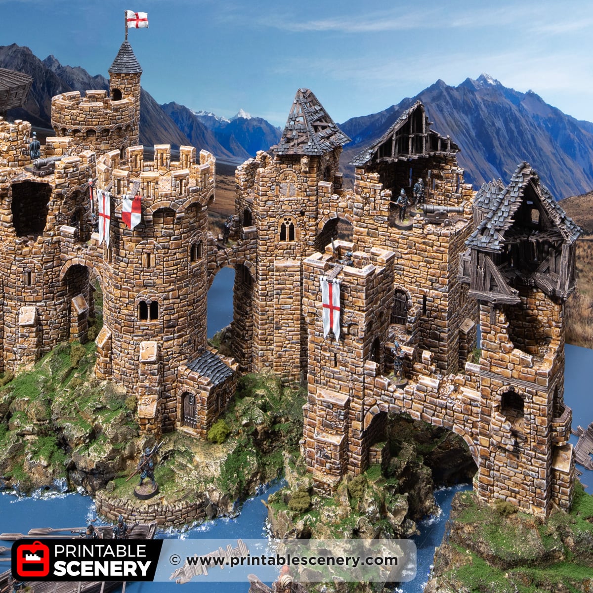 3d printed and painted ruined tower bridges for dnd and wargaming