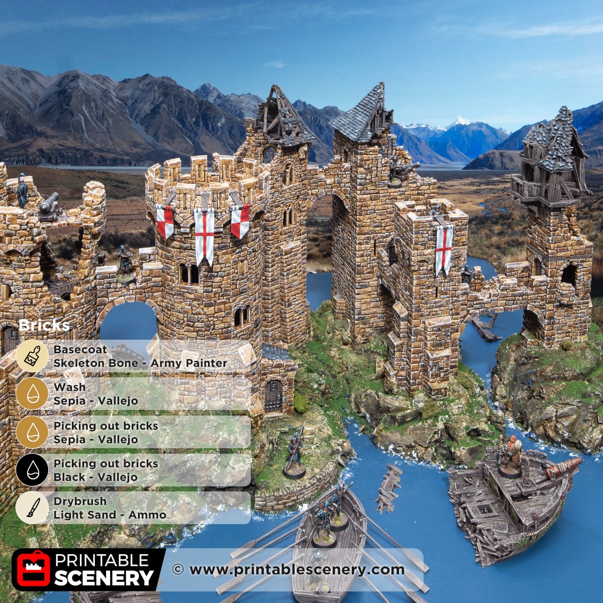 3d printed and painted ruined tower bridges for dnd and wargaming