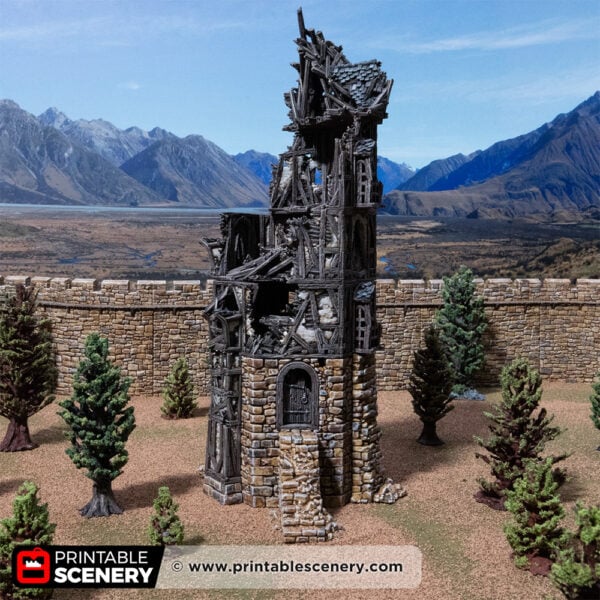 3D printed and painted wattle and daub tower in ruins, used for tabletop rpgs and wargames