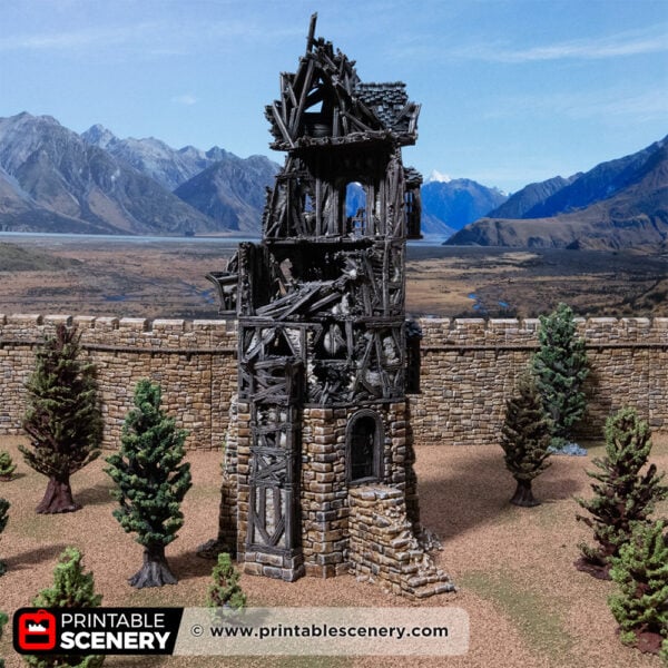 3D printed and painted wattle and daub tower in ruins, used for tabletop rpgs and wargames