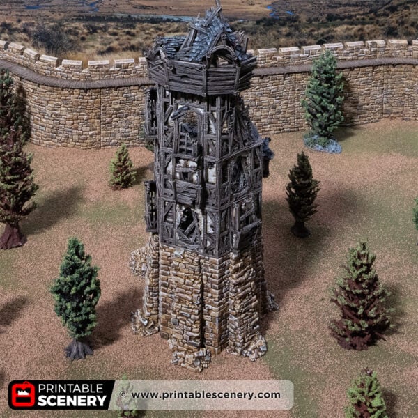 3D printed and painted wattle and daub tower in ruins, used for tabletop rpgs and wargames