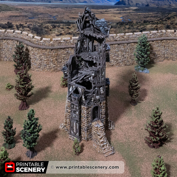 3D printed and painted wattle and daub tower in ruins, used for tabletop rpgs and wargames