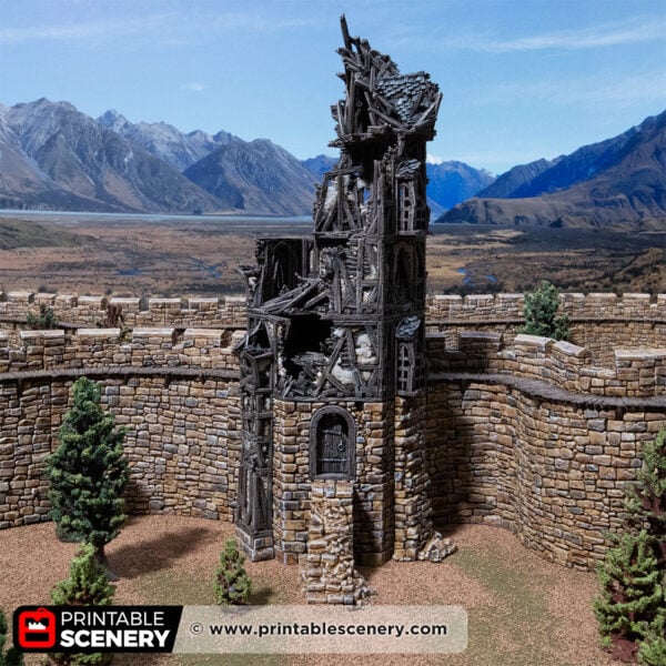 3D printed and painted wattle and daub tower in ruins, used for tabletop rpgs and wargames