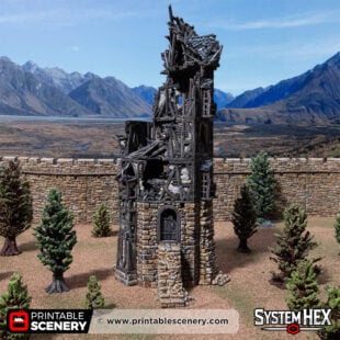 3D printed and painted wattle and daub tower in ruins, used for tabletop rpgs and wargames