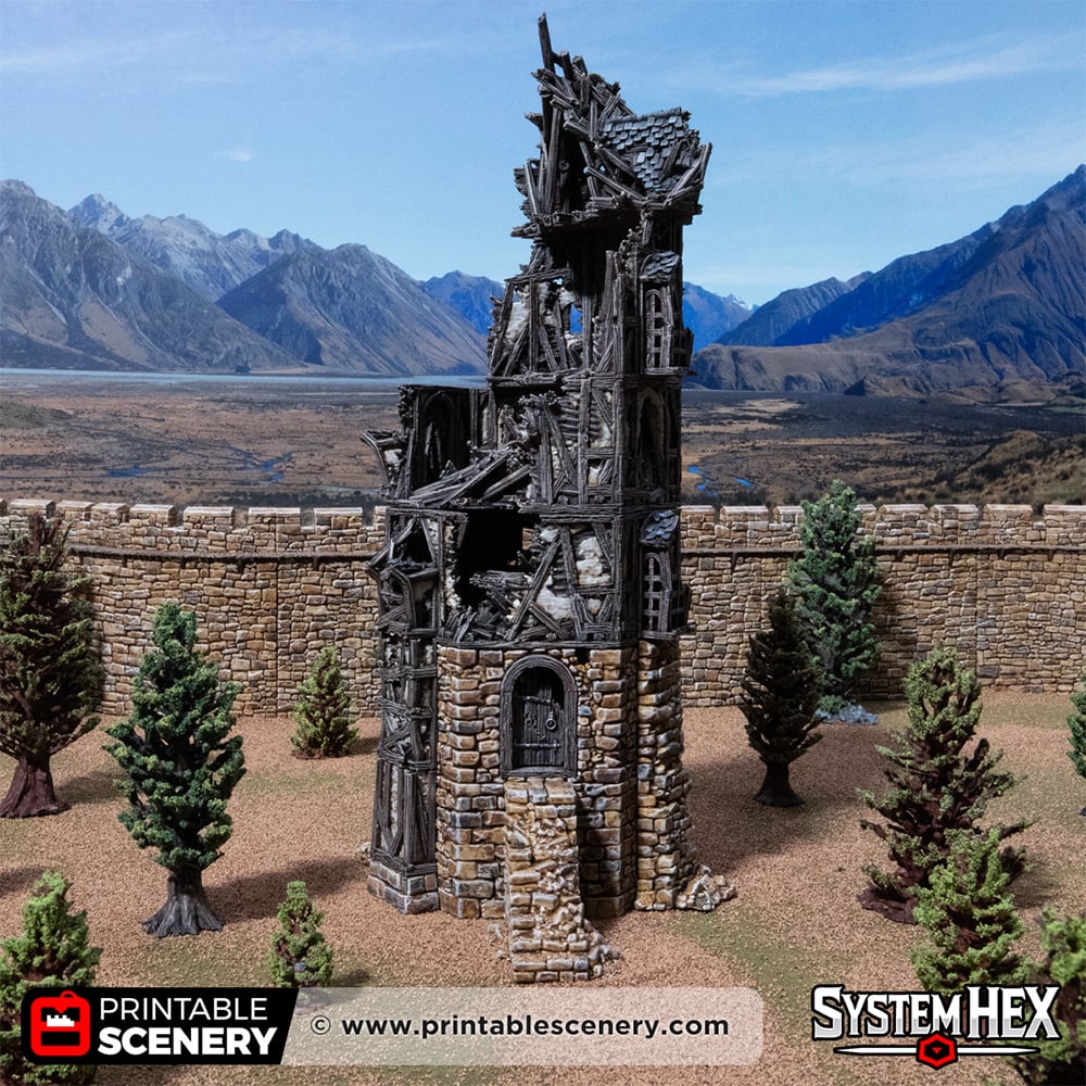 Ruined Wattle & Daub Hex Tower - Printable Scenery