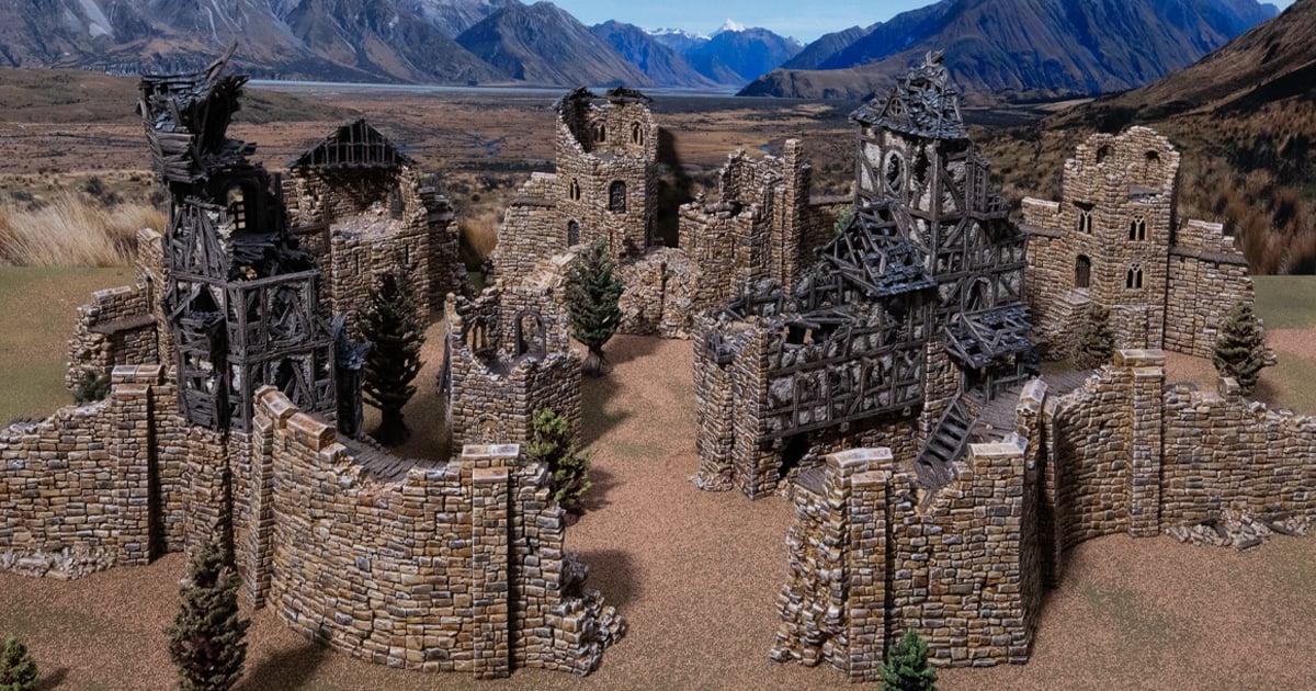 3D printed and painted castle in ruins, used for tabletop rpgs and wargames